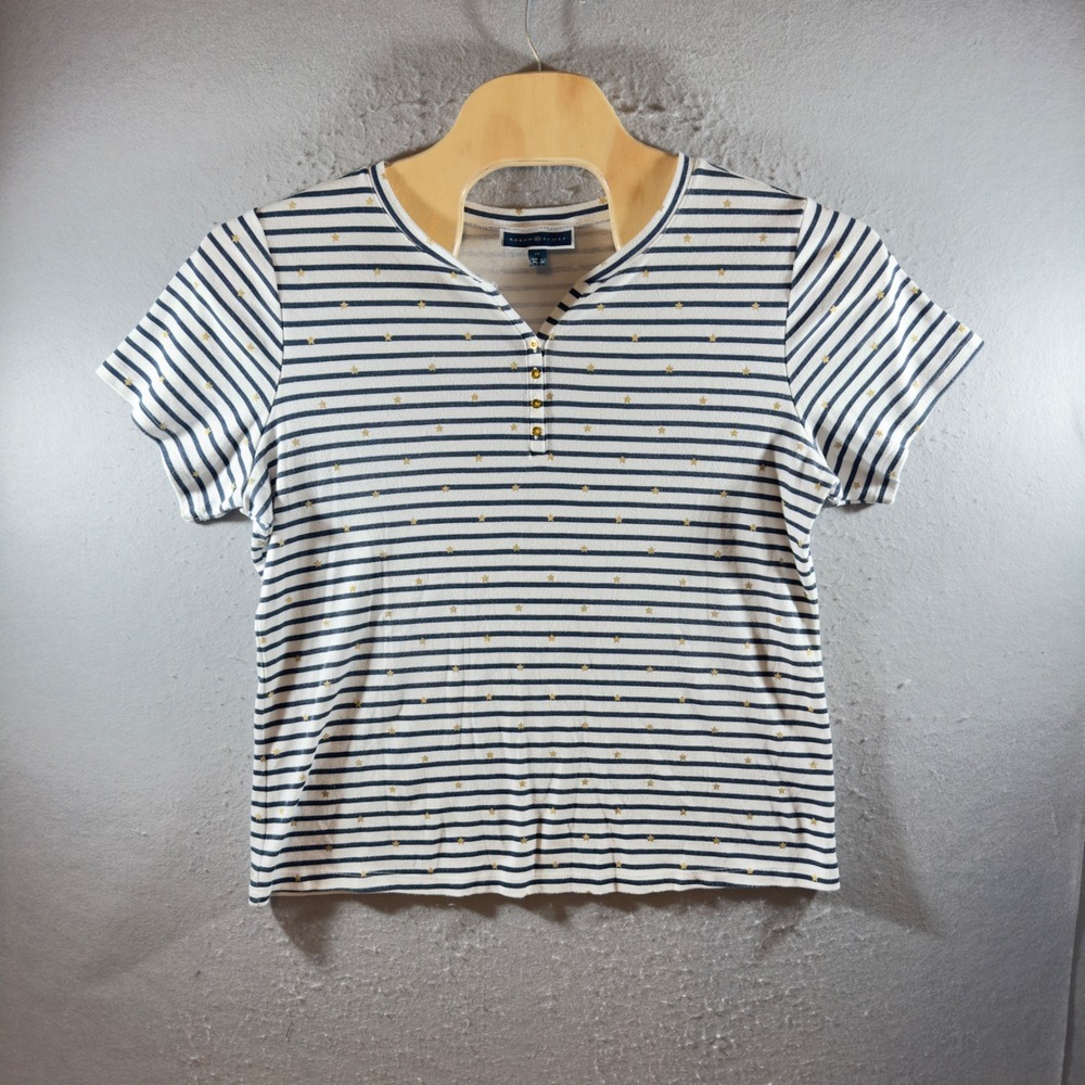 1384 | Karen Scott Striped Gold Star Henley Top Navy White Women Plus 1X